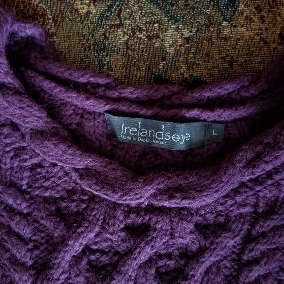 Lambay lattice cable Aran sweater, purple wool, size M, L, by Irelands Eye - Picture 3 of 6